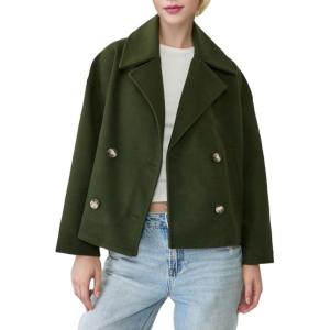 imageCHARTOU Women Cropped Wool Blend Coats Notch Lapel Double Breasted Pea Coat Jacket Short Trench OvercoatArmy Green