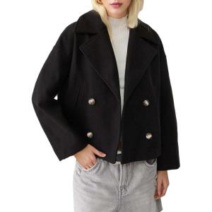 imageCHARTOU Women Cropped Wool Blend Coats Notch Lapel Double Breasted Pea Coat Jacket Short Trench OvercoatBlack