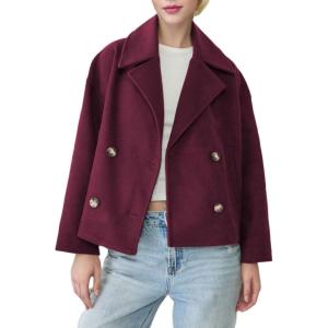 imageCHARTOU Women Cropped Wool Blend Coats Notch Lapel Double Breasted Pea Coat Jacket Short Trench OvercoatBurgundy