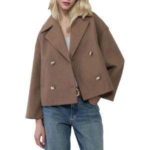 imageCHARTOU Women Cropped Wool Blend Coats Notch Lapel Double Breasted Pea Coat Jacket Short Trench OvercoatCamel