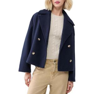 imageCHARTOU Women Cropped Wool Blend Coats Notch Lapel Double Breasted Pea Coat Jacket Short Trench OvercoatNavy