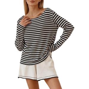 imageCHARTOU Women Long Sleeve Stripe Shirt Lightweight Boat Neck Basic T Shirt TopsBlack
