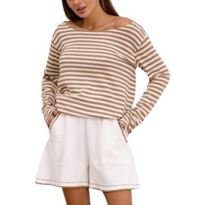 imageCHARTOU Women Long Sleeve Stripe Shirt Lightweight Boat Neck Basic T Shirt TopsBrown