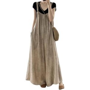 imageCHARTOU Women Summer Sleeveless Cotton Linen Overalls Casual Loose Wide Leg Jumpsuit Ruffle Baggy RomperKhaki