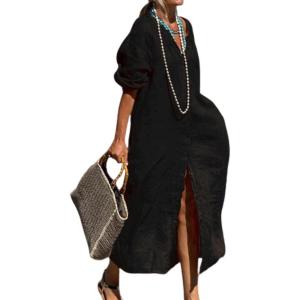 imageCHARTOU Womens Button Down Shirt Dress Cotton Long Sleeve Maxi Dress Casual Loose Linen Dress with PocketsBlack