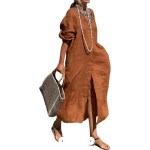 imageCHARTOU Womens Button Down Shirt Dress Cotton Long Sleeve Maxi Dress Casual Loose Linen Dress with PocketsCaramel