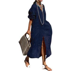 imageCHARTOU Womens Button Down Shirt Dress Cotton Long Sleeve Maxi Dress Casual Loose Linen Dress with PocketsDark Blue