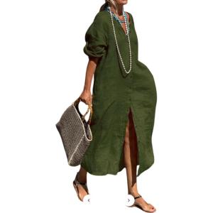 imageCHARTOU Womens Button Down Shirt Dress Cotton Long Sleeve Maxi Dress Casual Loose Linen Dress with PocketsOlive Green