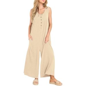 imageCHARTOU Womens Casual Loose Ribbed Overalls Jumpsuits Sleeveless Button Romper Wide Leg Pants FlowyApricot