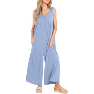 imageCHARTOU Womens Casual Loose Ribbed Overalls Jumpsuits Sleeveless Button Romper Wide Leg Pants FlowyBlue