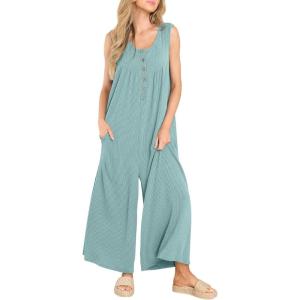 imageCHARTOU Womens Casual Loose Ribbed Overalls Jumpsuits Sleeveless Button Romper Wide Leg Pants FlowyGreen