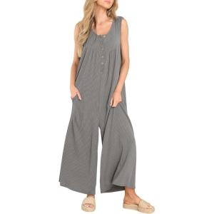 imageCHARTOU Womens Casual Loose Ribbed Overalls Jumpsuits Sleeveless Button Romper Wide Leg Pants FlowyGrey