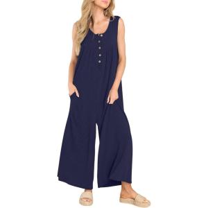 imageCHARTOU Womens Casual Loose Ribbed Overalls Jumpsuits Sleeveless Button Romper Wide Leg Pants FlowyNavy