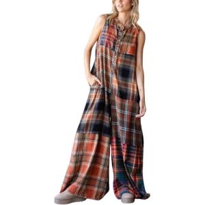 imageCHARTOU Womens Casual Plaid One Piece Jumpsuit Front Buttons Sleeveless Overalls Loose Wide Leg Long RomperOrange