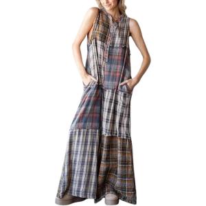imageCHARTOU Womens Casual Plaid One Piece Jumpsuit Front Buttons Sleeveless Overalls Loose Wide Leg Long RomperPlaid
