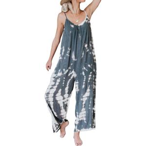 imageCHARTOU Womens Casual Spaghetti Strap Jumpsuit Tie Dye Print Flowy Wide Leg Romper with PocketGrey