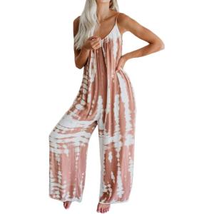imageCHARTOU Womens Casual Spaghetti Strap Jumpsuit Tie Dye Print Flowy Wide Leg Romper with PocketPink