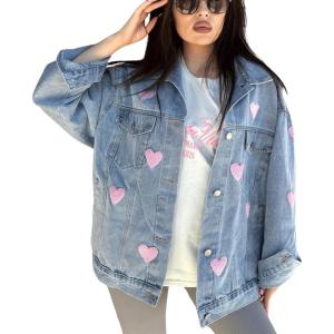 imageCHARTOU Womens Cute Heart Y2k Denim Jacket Long Sleeve Lapel Button Up Jean Coat Oversized Boyfriend TopBlue