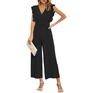 imageCHARTOU Womens Jumpsuits Sleeveless VNeck Ruffled Pleated Wide Leg Pants Rompers OverallsBlack