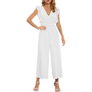 imageCHARTOU Womens Jumpsuits Sleeveless VNeck Ruffled Pleated Wide Leg Pants Rompers OverallsWhite