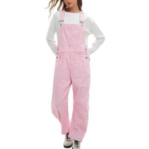 imageCHARTOU Womens Striped Bib Overalls Barrel Wide Leg Pants Baggy Cargo Adjustable Strap Jumpsuit with PocketsPink