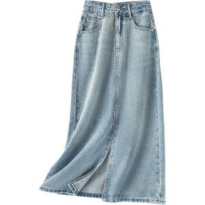 imageCHARTOU Women Casual Mid Long Denim Skirt Jean A Line Skirt Summer Packaged Hip High Waist Midi Denim Skirt with SlitBlue