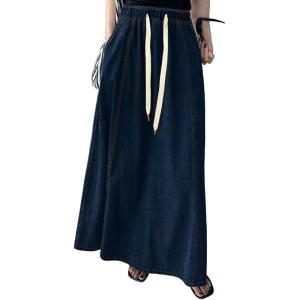 imageCHARTOU Women Elastic Waist Drawstring A Line Patchwork Maxi Long Jean Denim Skirt with PocketsDark Blue