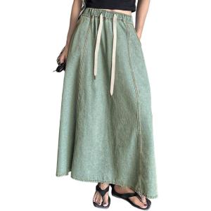 imageCHARTOU Women Elastic Waist Drawstring A Line Patchwork Maxi Long Jean Denim Skirt with PocketsLight Blue
