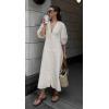 imageCHARTOU Summer Cotton Linen Dress for Women Half Puff Sleeve Front Button Open Back Long DressKhaki