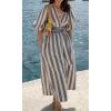 imageCHARTOU Women Comfy Stripes Beach Dress Summer Puff Short Sleeve Cotton Linen Long Dress with BeltGrey