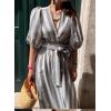 imageCHARTOU Women Comfy Stripes Beach Dress Summer Puff Short Sleeve Cotton Linen Long Dress with BeltGrey
