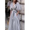 imageCHARTOU Women Comfy Stripes Beach Dress Summer Puff Short Sleeve Cotton Linen Long Dress with BeltGrey