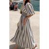 imageCHARTOU Women Comfy Stripes Beach Dress Summer Puff Short Sleeve Cotton Linen Long Dress with BeltGrey