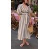 imageCHARTOU Women Comfy Stripes Beach Dress Summer Puff Short Sleeve Cotton Linen Long Dress with BeltGrey