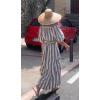 imageCHARTOU Women Comfy Stripes Beach Dress Summer Puff Short Sleeve Cotton Linen Long Dress with BeltGrey