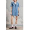 imageCHARTOU Women Summer Leopard Babydoll Denim Mini Dress Doll Collar Tie Front Short Sleeve Short DressBlue