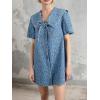 imageCHARTOU Women Summer Leopard Babydoll Denim Mini Dress Doll Collar Tie Front Short Sleeve Short DressBlue