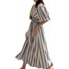 imageCHARTOU Women Comfy Stripes Beach Dress Summer Puff Short Sleeve Cotton Linen Long Dress with BeltGrey