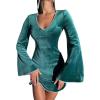 imageCHARTOU Women Glitter Sequins Party Dress Bell Long Sleeve Velvet Cocktail Mini Tunic DressPeacoak