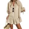 imageCHARTOU Women Summer Lace Ruffle Mini Dress 34 Bow Sleeve Beach Loose Peplum Babydoll DressKhaki