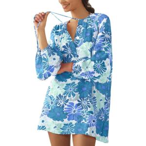 imageBoho Floral Tunic Dress for Women Long Sleeve Loose Fit Summer Vacation Cover Up Short DressBlue