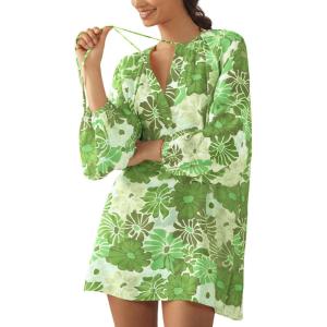 imageBoho Floral Tunic Dress for Women Long Sleeve Loose Fit Summer Vacation Cover Up Short DressGreen