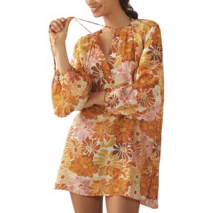 imageBoho Floral Tunic Dress for Women Long Sleeve Loose Fit Summer Vacation Cover Up Short DressOrange