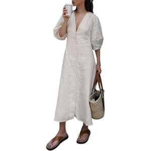imageCHARTOU Summer Cotton Linen Dress for Women Half Puff Sleeve Front Button Open Back Long DressKhaki