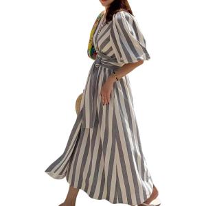 imageCHARTOU Women Comfy Stripes Beach Dress Summer Puff Short Sleeve Cotton Linen Long Dress with BeltGrey