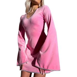 imageCHARTOU Women Glitter Sequins Party Dress Bell Long Sleeve Velvet Cocktail Mini Tunic DressPink