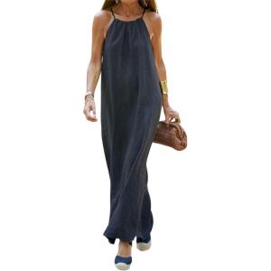 imageCHARTOU Women Halter Neck Side Slit Linen Maxi Dress Long Summer Beach Vacation DressBlack