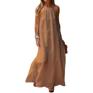 imageCHARTOU Women Halter Neck Side Slit Linen Maxi Dress Long Summer Beach Vacation DressCamel