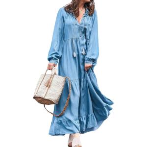 imageCHARTOU Women Long Tencel Denim Dress Maxi Flowy Dress Western Long Sleeve Lightweight A Line Swing DressBlue