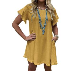 imageCHARTOU Women Loose Linen Mini Dress Summer Modest Frayed T Shirt Flowy Ruffle Short Sleeve Shift Dress PocketYellow